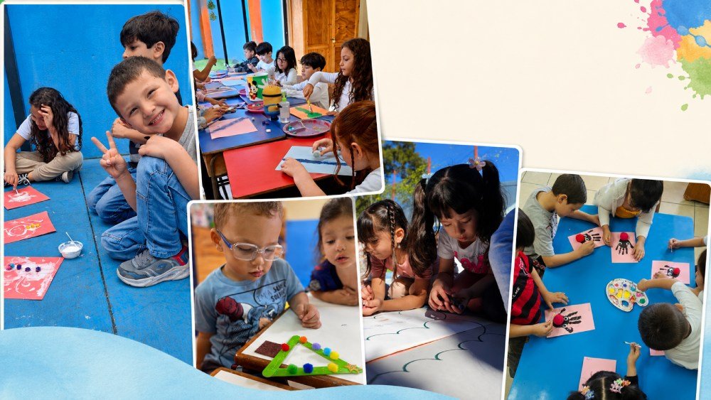 Estudiantes de primaria participando en actividades de arte y manualidades en el Centro Educativo Nuevos Horizontes.
